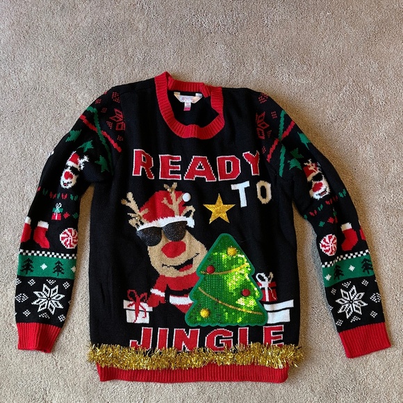 Ugly Christmas Sweater Ready to Jingle Reindeer Tree Sequins pompoms tinsel S - Picture 1 of 8